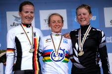 Villumsen is pictured right with winner Emma Pooley (GBR) and Judith Arndt (GER)